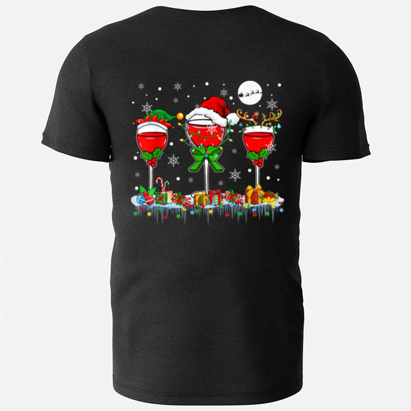 Christmas Light Three Santa Reindeer Elf Wine Glasses Lover T-Shirts