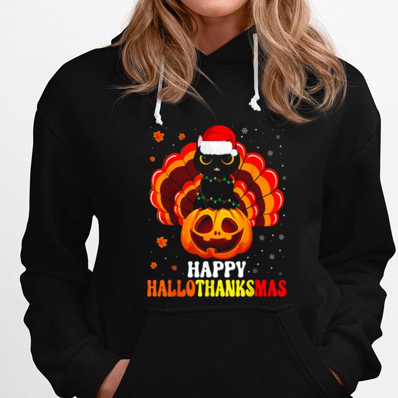 Happy Hallothanksmas Black Cat Lover Santa Pumpkin Turkey Funny Thanksgiving T-Shirts