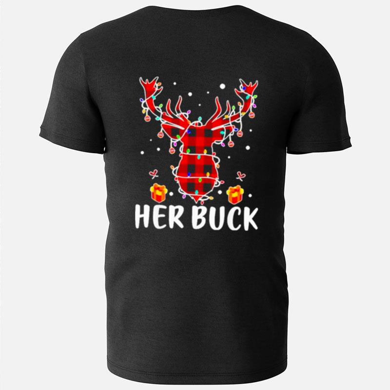 Her Buck His Doe Reindeer Xmas Pajamas Matching Couples Lights Christmas T-Shirts