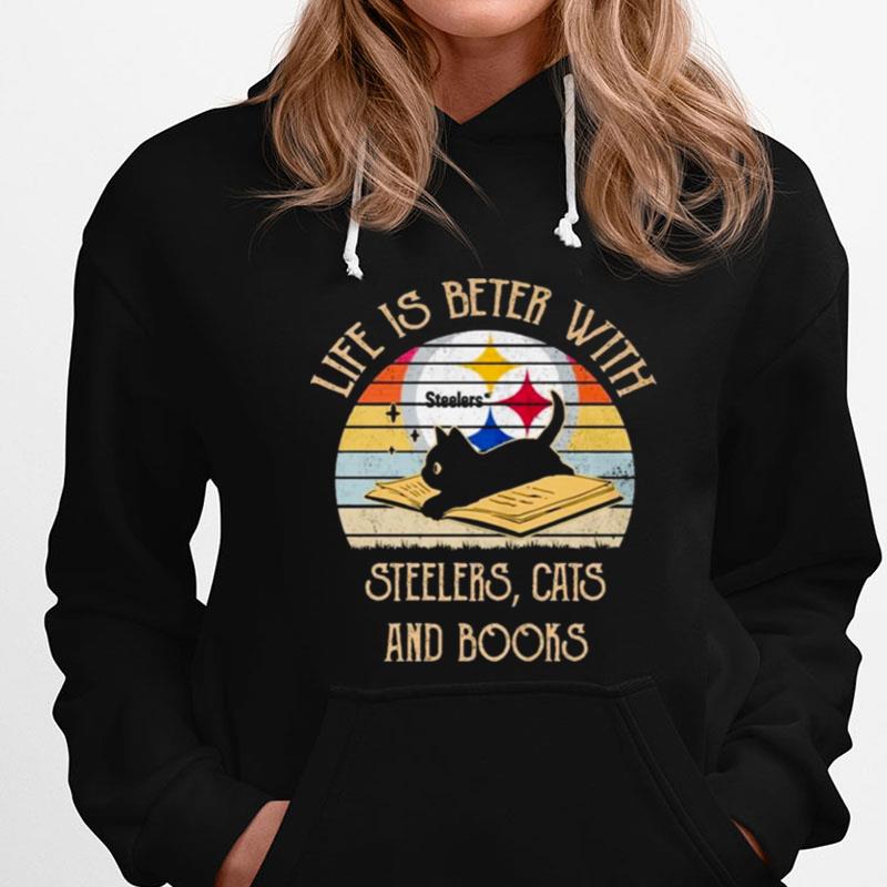 Life Is Better With Pittsburgh Steelers Cats And Books Vintage T-Shirts
