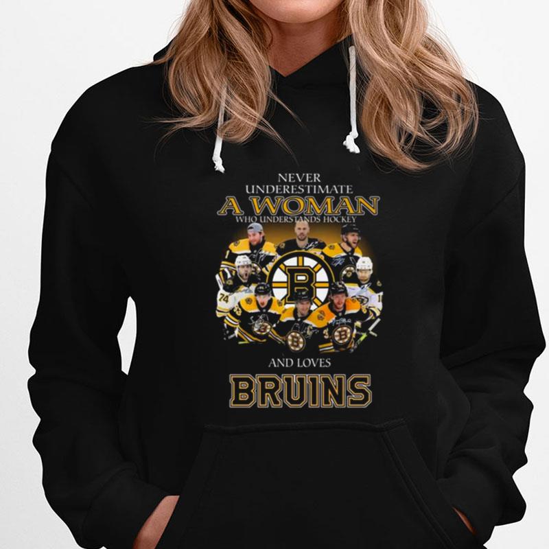 Never Underestimate A Woman Who Understands Hockey And Loves Boston Bruins Team Signatures T-Shirts