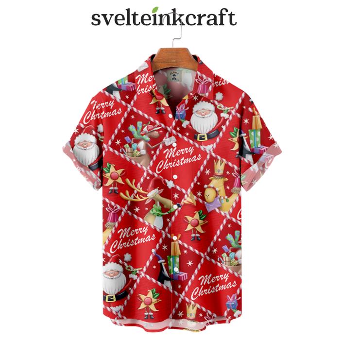 Christmas Cartoon Santa Elk And Letters Hawaiian Shirt