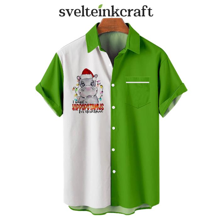 Christmas Holiday Hippopotamus Green Hawaiian Shirt
