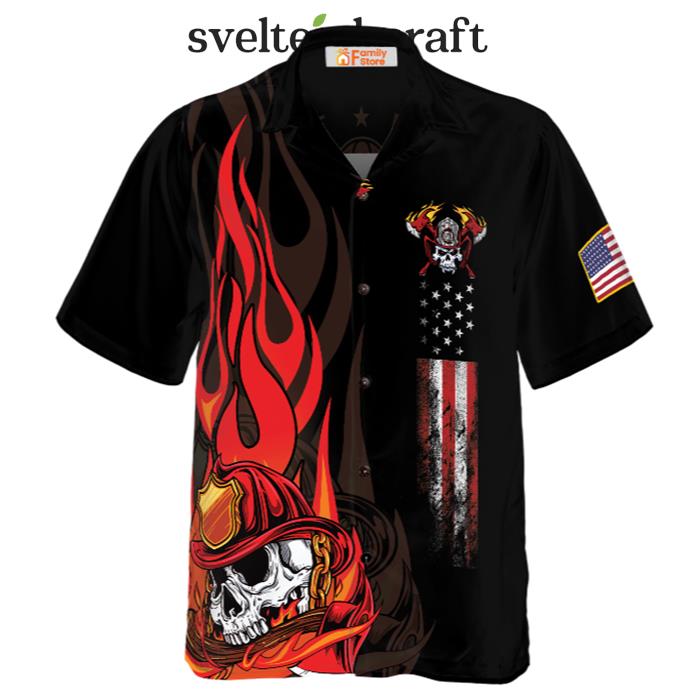 Firefighter Skull Flame Black American Flag Hawaiian Shirt