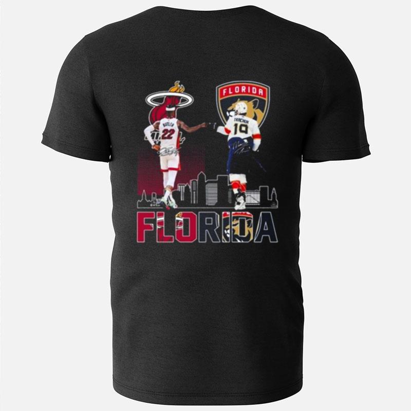 Florida Panthers And Miami Heat Butler And Tkachuk Skylines Signatures T-Shirts