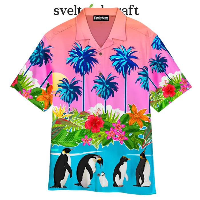 Palm Tree Penguin Tropical Leaves Hawaiian Shirt