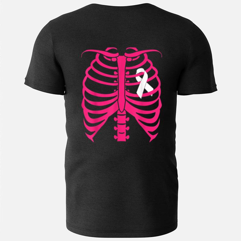 Pink Skeleton Ribbon For Halloween And Breast Cancer Month T-Shirts