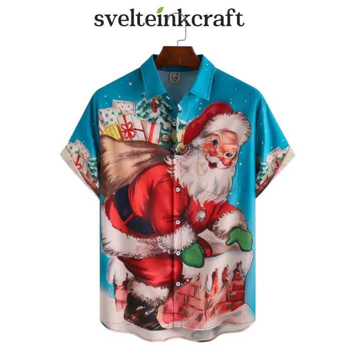 Retro Christmas Santa Blue Pattern Hawaiian Shirt