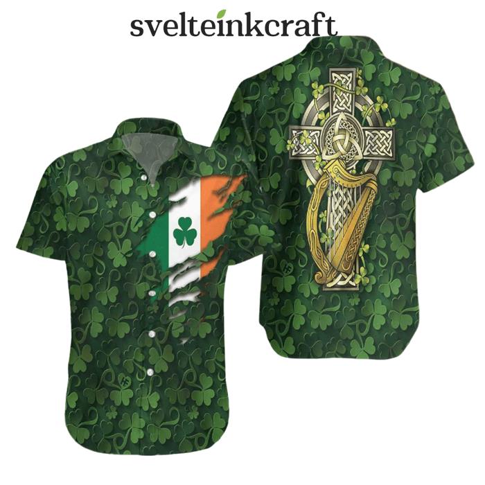 Saint Patrick's Day Shamrock Celtic Cross Harp Irish Hawaiian Shirt