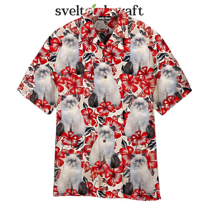 White Cat On Red Flower Design Custom Hawaiian Shirt